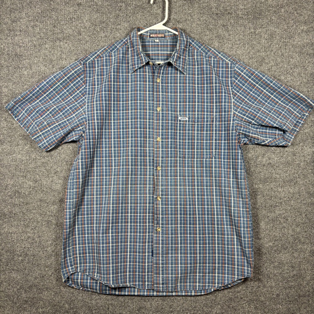Vintage Guess USA Mens L Blue Plaid Short Sleeve Button Up Shirt Grunge Boxy USA